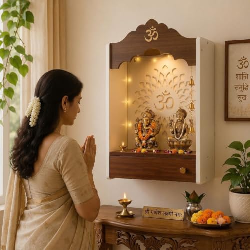 Image of Crosscut Wooden wall Hanging mandir, Temple for Home and Office Pooja (Dual Arch Design)