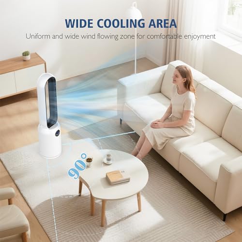 Image of 36 inch Bladeless Tower Fan for Bedroom, Powerful 26ft /s Airflow, 24 Speeds, 90 Oscillation, 12H Timer, Standing Fans with Remote, Quiet Bladeless Cooling Fan for Home Office Room, White Black