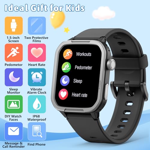 Kids Smart Watch for Boy Girl, Kids Watches with 19 Sport Modes, Heart Rate, Sleep Monitor, Pedometer, Alarm Clock, IP68 Waterproof Fitness Tracker, Gift for 6-16 Year Old Boys Girls Toys (Black)2