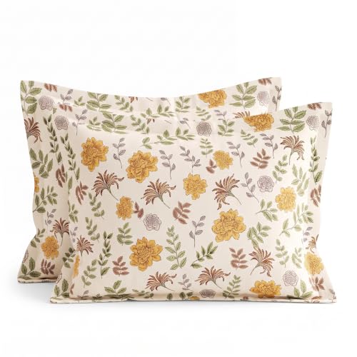 Image of VAS COLLECTIONS Premium 240 TC Cotton Double Bedsheet Set with 2 Pillow Covers | Breathable Floral Print Bedding | Fade Resistant | 228 x 254 cm, Ochre & Rust Botanical, Double Flat (90x100) Botanical