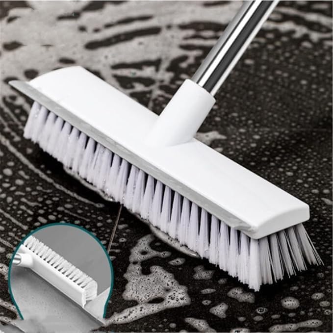 2-in-1 Bathroom Cleaning Brush with Wiper - Bathroom Cleaning Brush Long Handle 180° Rotate Toilet Brush Bathroom Tiles Cleaning, Wiper Floor Scrub for Kitchen Bathroom Cleaning - White