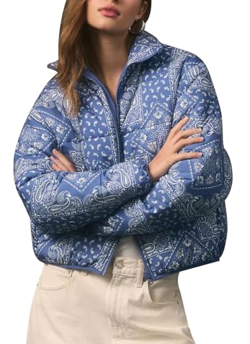 D-Sun Women's Cropped Puffer Quilted Jacket Floral Print Oversized Zip Puffer Jacket Open Front Coat Outerwear With Pockets