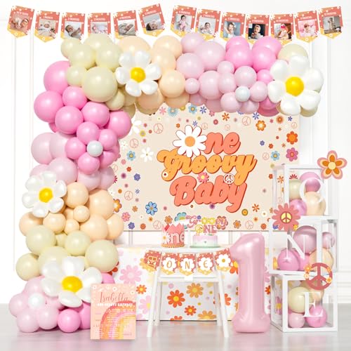 Fiesec Groovy One Birthday Decorations Hippie 1st Birthday Decorations One Groovy Baby Party Decorations Girl Boho Daisy Party Supplies with Balloon Boxes Backdrop Tablecloth Banners Cake Topper