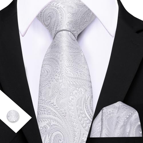 Image of Barry.Wang Men Tie Set Paisley Silk Necktie Pocket Square Cufflinks Formal Wedding Business Party