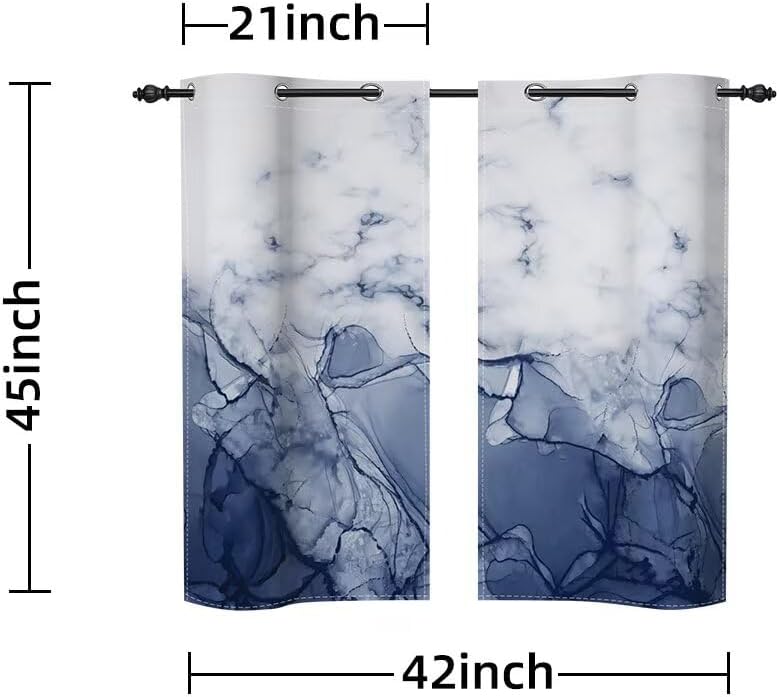 Grey Blue Blackout Curtains 45 inches Long 2 Panel for Kitchen Ombre Blue Marble Modern Ink Art Curtain for Dorm Hotel Room Darkening Grommet Window Drapes 21"x45"