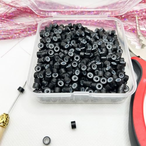 Peiyulex Hair Extension Beads, Microlink Beads, 5mm Silicon Beads for Hair Extensions,Silicone Lined Micro Links Rings Beads Hair Feather Extensions (Black, 500pcs)