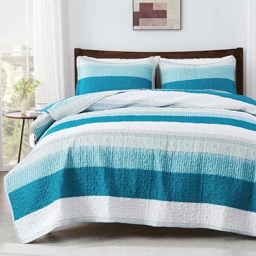Image of Andency Teal White Quilt Queen(90x96Inch), 3 Pieces (1 Striped Quilt and 2 Pillowcases) Patchwork Bedspread Coverlet Set, Soft Lightweight Quilted Bedding Set