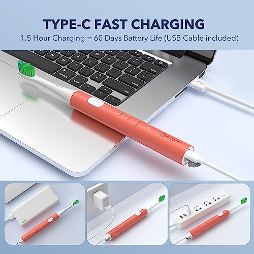 Image of ARISSON Sonic Electric Toothbrush for Adults and Kids, 40,000 VPM Power Toothbrush, 1.5H Fast Charge Ultrasonic Electric Toothbrushes with 2 Minutes Smart Timer, White on Peach Orange
