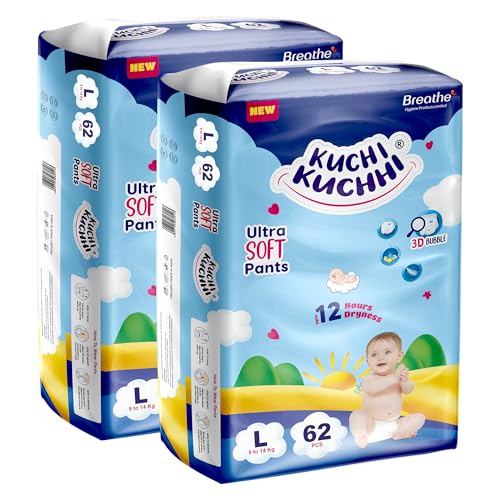 Image of Premium super soft baby diaper with a 3D bubble top and super absorbent core | Added active leak barriers and wetness indicators - L Size, 124 Count