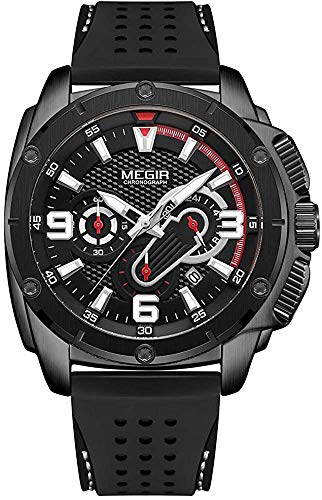MEGIR Men Sport Chronograph Watches with Waterproof Luminous Silicone Band (Full Black)