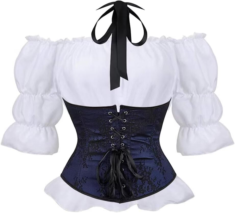 Jutrisujo Costume Renaissance Underbust Corset with Strap and Shirt Blouse Plus Size Top Lace up Jacquard Floral