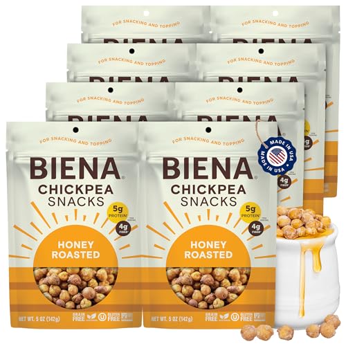 BIENA Chickpea Snacks - Crunchy Roasted Chickpeas - High Fiber Protein Snacks for Adults and Kids - 8-Pack, 5 Ounce Bags - Honey Roasted - image 1