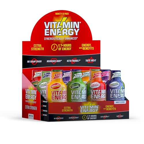 Vitamin Energy Extra Strength Daily Energy Shot – Variety Pack – 260mg Caffeine, B-Vitamins, Vitamin D, Rhodiola – Mood, Focus, Strength, Immunity – Zero Sugar, Vegan, Kosher – 1.93 fl oz, 12-Pack