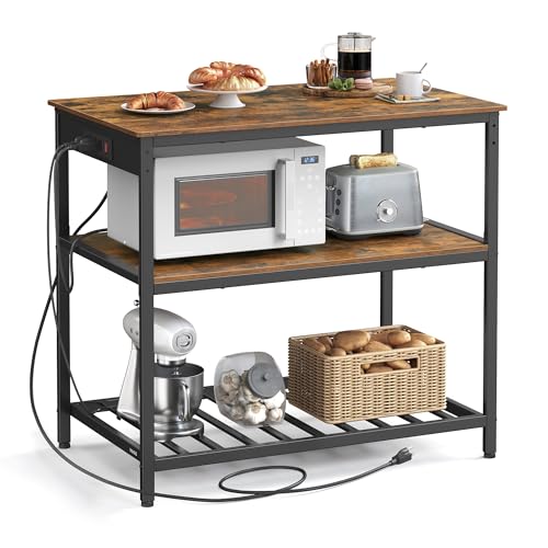 Image of VASAGLE Kitchen Island with 3 Shelves, 39.4 Inches Width Kitchen Shelf with Power Strip, Large Worktop, Stable Steel Structure, Industrial, Easy to Assemble, Rustic Brown and Black UKKI105K01