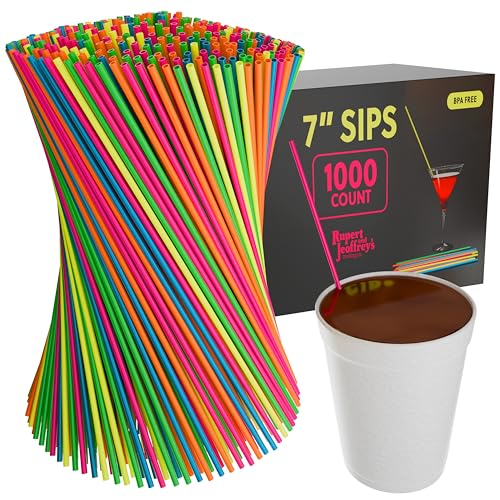 Tall 7 Inch Slim Plastic Coffee Stirrers and Sip Straws Neon 1 000 Count