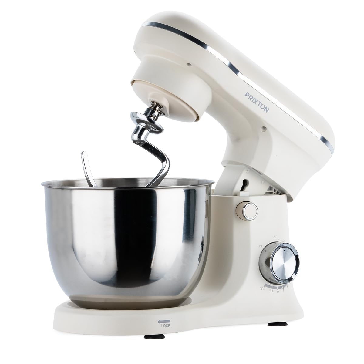 PRIXTON Batidora Amasadora KR250 para Repostería, Potencia 1500W, 10 Velocidades, Bol Acero Inoxidable de 5 litros, 3 accesorios, Tapa Transparente, Color Blanco Crema Mate (Reacondicionado)