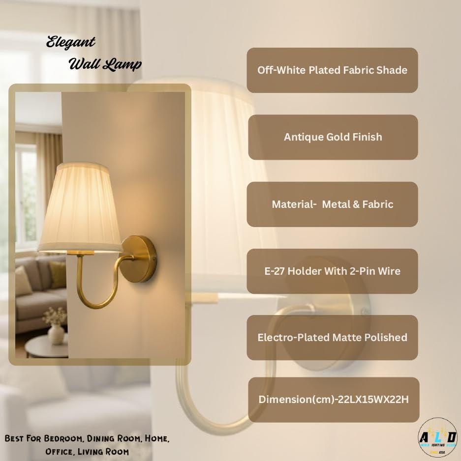 Image of Elegant Wall Lamp with Fabric Shade & Gold Metal | E-27 Holder Base and Bulb | Classic Indoor Wall Lamp for Bedroom, Living Room & Hallway (Pack of 2) (Without Bulb)