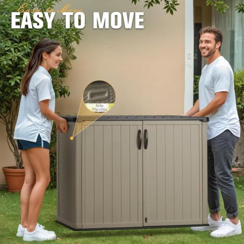 Image of Greesum Outdoor Storage Cabinet 30 CuFt, Resin Large Storage Box Weather Resistance with Lockable Doors, Easy to Assemble, Horizontal Storage Shed for Garden, Patio, Backyard, Beige (Without Shelf)