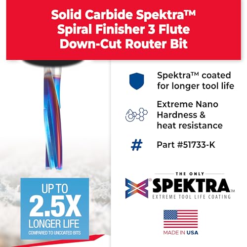 Image of Amana Tool Spektra Coated Solid Carbide CNC Spiral Finisher Router Bit, 51733-K, 3 /8 Dia x 1-1 /8 Cut Height x 3 /8 Shank x 3 Inch L x 3 Flute Down-Cut