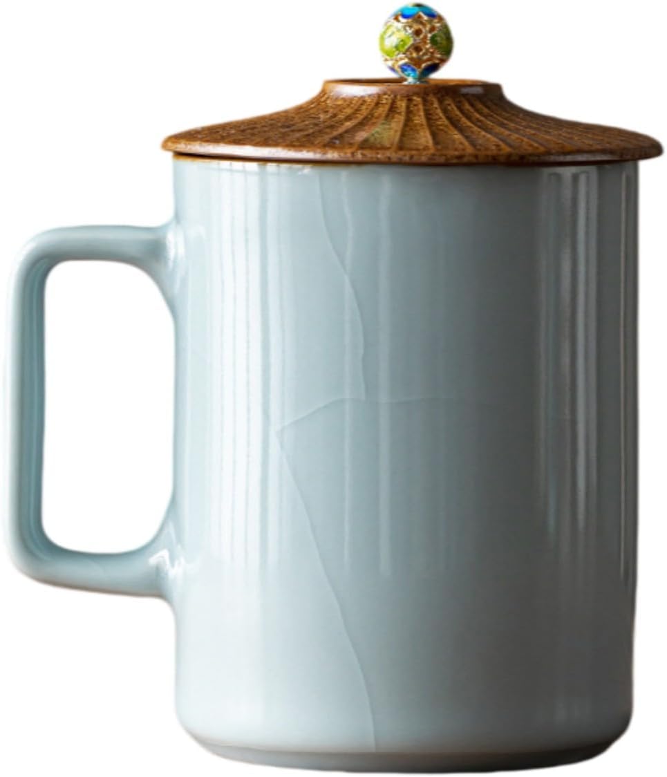 五大名窑陶瓷带盖办公杯水杯功夫茶具泡 Ceramic Kung Fu Tea Set,teapot,Teacups,warming Wedding Birthday Gift,Tea Tray Chinese,Dishwasher Safe 茶舍个人办公杯-官窑【容量430ML】-401-500ml