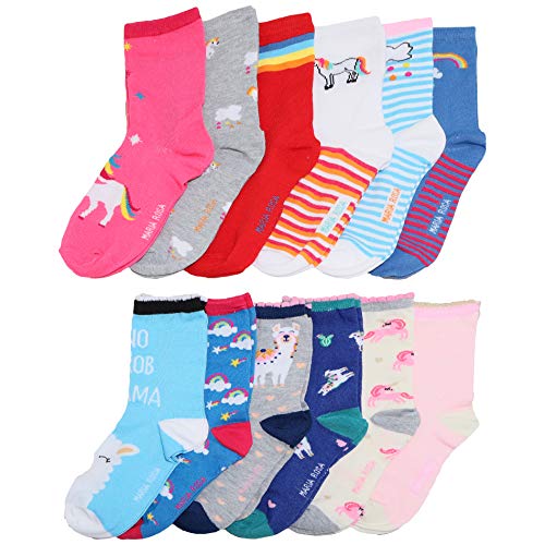 Maria Rosa Girls Kids Assorted Unicorn Llama Designs Crew Socks (12-Pack), 358_I_XL
