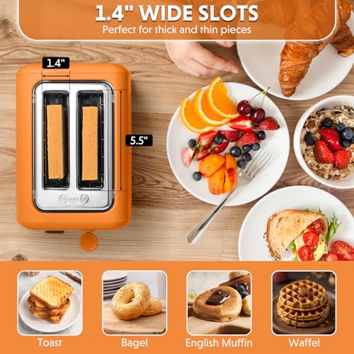 Image of BUYDEEM DT620 2-Slice Toaster, Extra Wide Slots, Retro Stainless Steel with High Lift Lever, Bagel and Muffin Function, Removal Crumb Tray, 7-Shade Settings,Orange