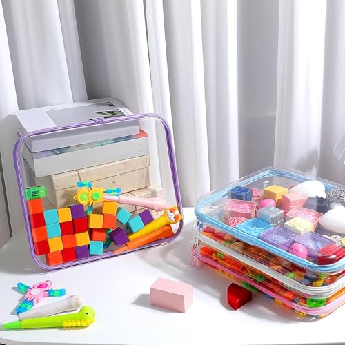 Image of Hoolerry 4 Pcs Hard Clear Zipper Case Makeup Bags Plastic Zipper Pouch Transparent Storage Box Containers for Cosmetics, Snacks, Building Blocks, Puzzles(Clear,13.8 x 11.8 x 2 in,Multicolor)