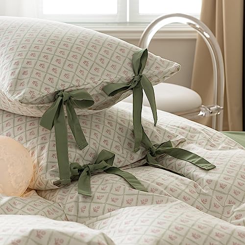 VM VOUGEMARKET Red Blooming Duvet Cover Set Twin,Green Plaid Grid Duvet Cover with 2 Bowknot Pillowcases 100% Cotton Chic Garden Style Bedding Set for Girls Women Without Comforter