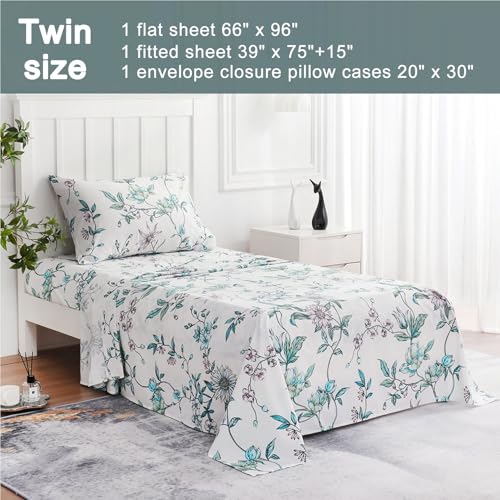 Image of JSD Pink Blue Floral Printed Twin Sheet Set Extra Deep Pocket | 3 Piece Soft Botanical Microfiber Sheets, OEKO-TEX Certified, Easy Care
