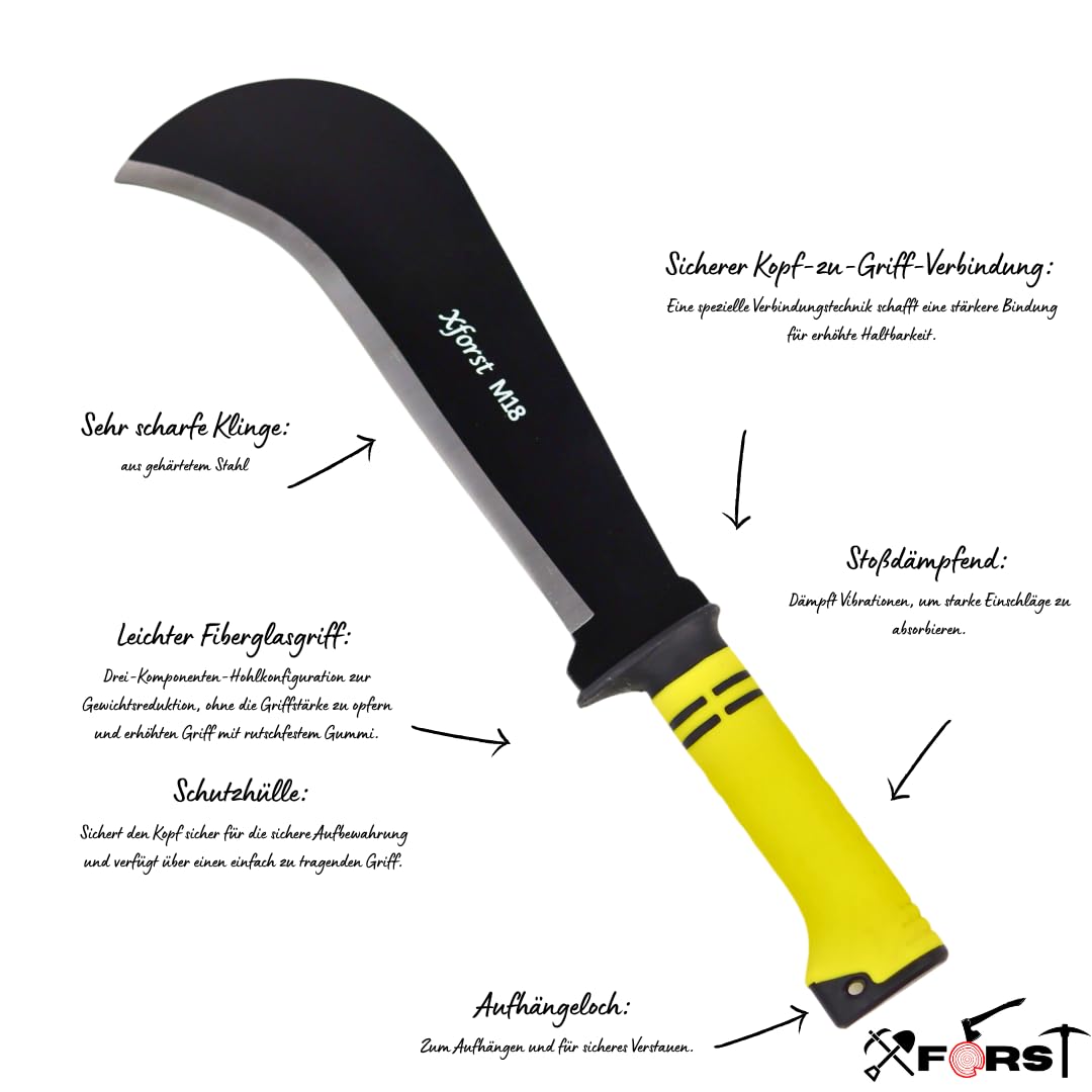 Xforst Roncola Falci Ronca Lama Multifunzione, Mini Pietra per Affilare e Borsa da Trasporto X-M18 - Gertel Gertl Hippe Falce con Manico Antiscivolo in Fibra di Vetro