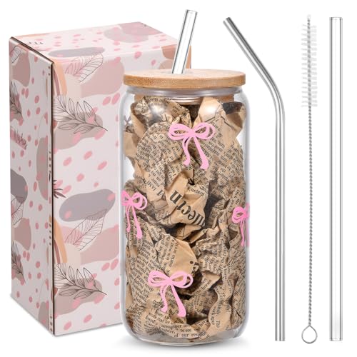 GLECTG Cute Pink Bow Glass Cups with Lids & Straws, Aesthetic Iced Coffee Cup, Girly Preppy Design Tumbler Mug, Birthday Valentine Gifts for Women, Teen Girl Gifts Trendy Stuff