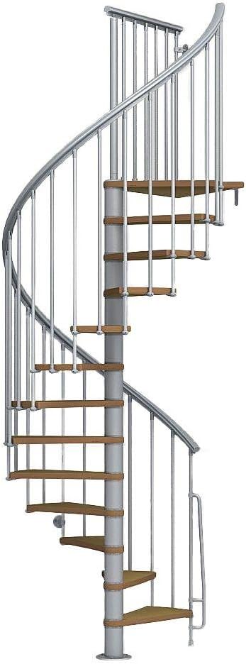 Arke Nice1 Wood Tread Spiral Staircase Kits - 102-3/4" to 120-1/2" Height - Satin Grey - Adjustable, Interior Stairway (51" Diameter)