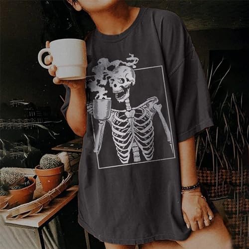 Oversized Hot Coffee Skeleton Shirt Women Halloween Skeleton Tshirt Funny Skull Graphic Tees Trendy Casual Loose Blouse2