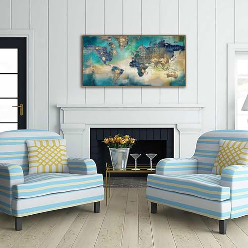 Image of Large World Map Canvas Prints Framed Wall Art for Living Room Office 24x48 Green World Map Picture Artwork Decor for Home Decoration(With Soild Wood Dark Framed)