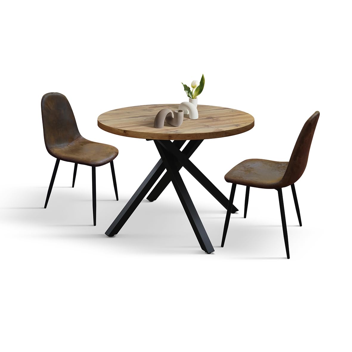 PAZZO DESIGN Tavolo rotondo allungabile Nada, tavolo da soggiorno, tavolo da cucina, gambe incrociate nere made in Italy, rovere rustico, 100x75 cm - id_2220
