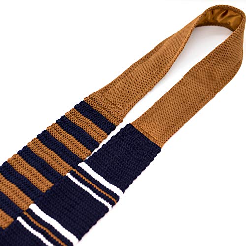 Wandm Men's Pointed Knit Tie Necktie Width 2.75 Inches Washable Horizontal Multi Stripe Navy Blue And Ochre #TOP2