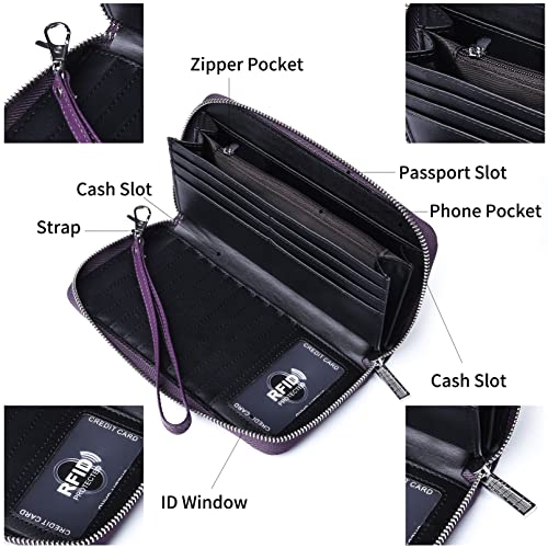 Womens Wallets Large Capacity RFID Blocking Genuine Leather Wallet for Women Zip Clutch Card Holder with Wristlet4
