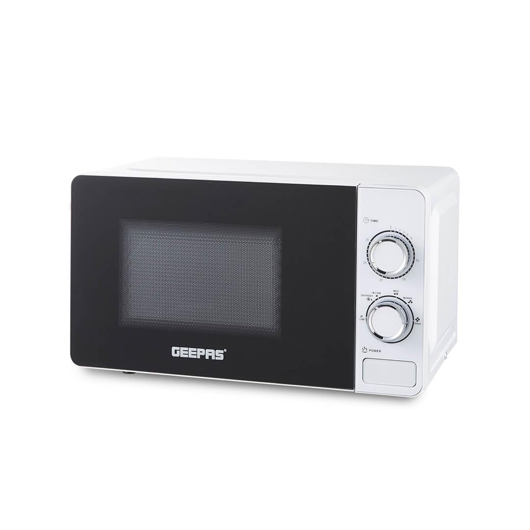 GEEPAS 700W Manual Solo Microwave Oven, 20L| Electric Oven with Auto Defrost Speedy Reheat | 5 Power Levels 2 Rotary Dials 30 Min Timer Easy Clean Standard Size of Dinner Plate | 2 Year Warranty White