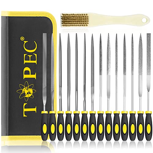 Topec 15PCS Small File Set Needle Diamond Files Jewlers Files & Steel Files with Metal Brush and Storage Bag for Precision Metal File Work Wood Jewelry DIY Carving Tool