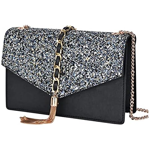 GM LIKKIE Crossbody Clutch Purse for Women, Glitter Evening Bag, Sequin Tassel Wedding Handbag for Party (Blue & Black) Cover