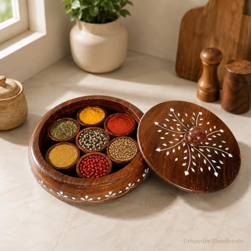 Image of Wooden Masala Box & Spoon | Sheesham Wood Spice Box with White Floral Inlay Design on Lid & Side | Handmade Round Masala Dabba Organizer (7 Containers, 40 ml Each, Brown)