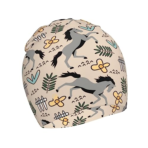Rqzwdq Cartoon Horse and Flower Pattern Kids Beanie Hats Warm Knit Beanie Cap Skull Caps Gifts Decor for Boys Girls White