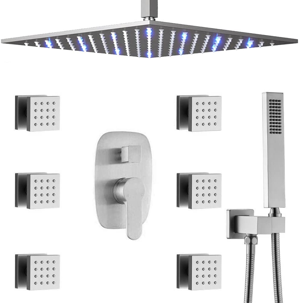 AYIVG Brushed Nickel 12 Inch LED Square Rainfall Shower System With 6 PCS Body Jets Set Bathroom Brass Ceiling Mounted Shower Set