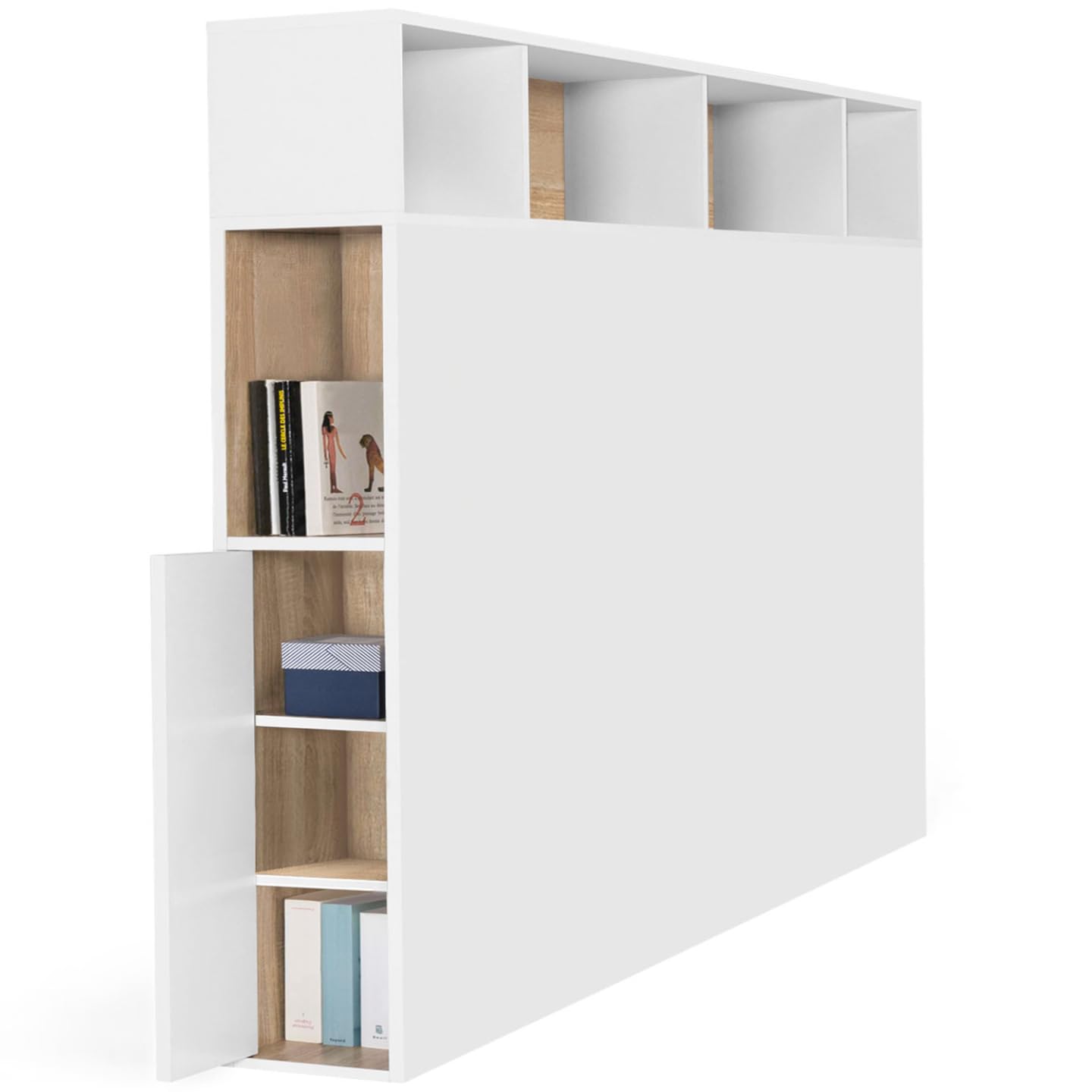 IDMarket - Tête de lit sur Pied Cleo 165 cm avec rangements fermés et niches Blanc et façon hêtre