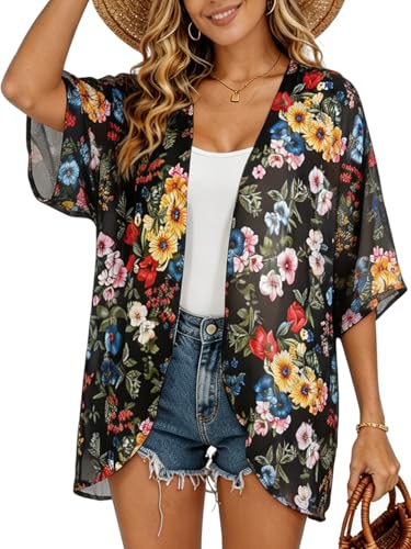 Image of FINOCEANS Womens Floral Chiffon Kimono Cardigans Loose Beach Cover Up Half Sleeve Tops