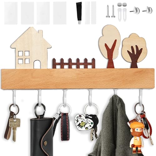 Echehi Elegante Portachiavi da Parete in Legno con 6 Robusti Ganci, Versatile Montaggio a 4 Vie per Casa, Corridoio e Camera da Letto. Bianco