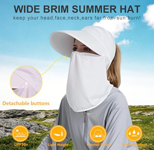 Image of Women Wide Brim Face Mask Sun Hat Detachable Neck Face Flap Ponytail UV Protection Visor Hat Garden Fishing Hiking