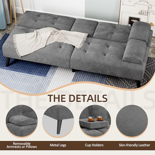 Image of Shintenchi Futon Sofa Bed, Velvet Foldable Couch, Reclining Sleeper with Removable Armrests, Upholstered Loveseat Sofa Couch with Folding Cup Holders for Home, Office, Dark Grey