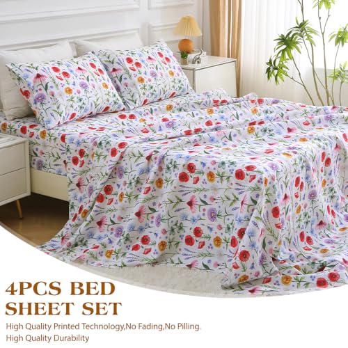 Image of MUXHOMO King Size 4 Piece Sheet Set, Soft & Breathable Sheet with Deep Pocket Up to 16 inch, Wrinkle-Free & Cooling Bed Sheets with Flat Sheet, Fitted Sheet & Pillowcases - Multicolored Flower