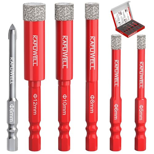 6pcs Brocas para Porcelanico, 5-12mm Brocas Diamante con 6mm Broca de Carburo, 1/4" Vástago Hexagonal, para Azulejo Cerámica, Cuarzo, Vidrio, Granito, Ladrillo, Mármol, Porcelana, Gres fino